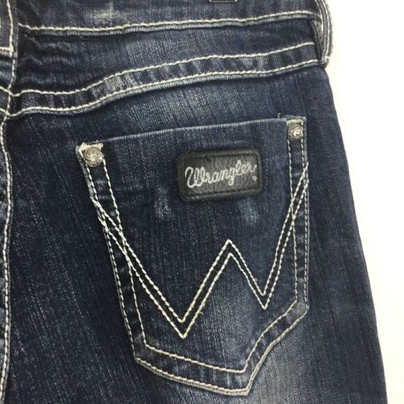 Wrangler Premium Patch Bootcut Mid Rise Western Dark Wash Denim Jeans Blue - Picture 10 of 15